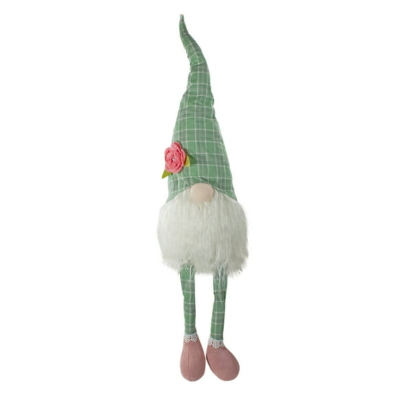 28" Green and White Plaid Spring Gnome Table Top Figure with Dangling Legs