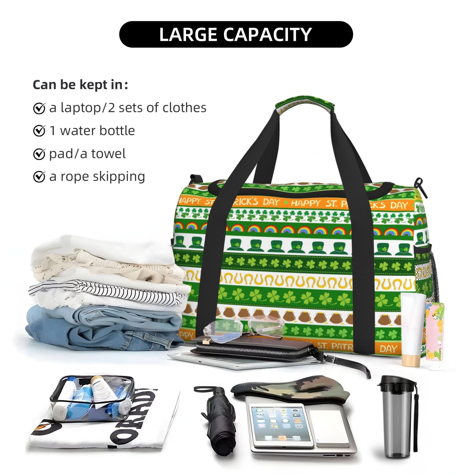 Fuzoiu St. Patrick's day in green colors Print Travel Duffle Bag,Carry On Tote Bags,Duffel Bag,Sport Gym Bag, Hospital Bag for Labor and Delivery, Overnight Bag,Luggage Bag
