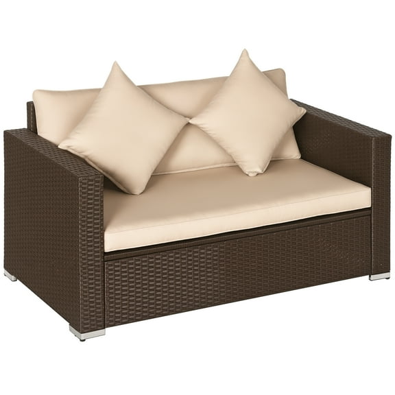 Homiyad Outdoor Wicker Loveseat Patio Couch with Cushions 2 Seats PE Rattan Sofa Beige | Aosom.com