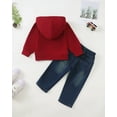 thumbnail image 3 of Kucnuzki 2T Toddler Boy Outfit 3T Kids Child Boys Winter Clothes Long Sleeves Hoodie Letter Print Pulover Sweatshirt Ripped Denim Pants Sets 2pcs Warm Clothing Red, 3 of 8