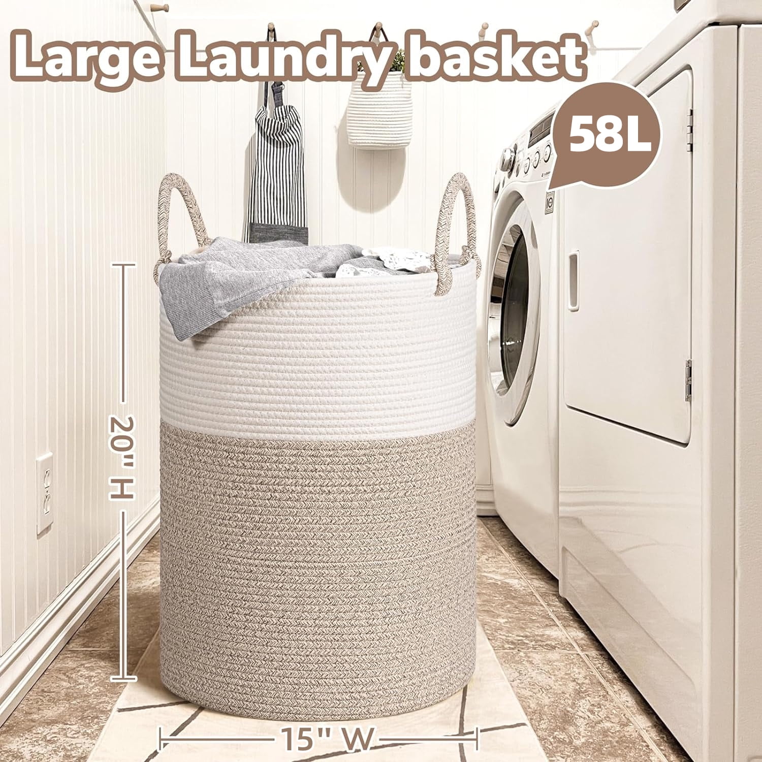 Large Laundry Hamper, 58L Tall Laundry Basket, Baby Nursery Hamper for Blanket Storage, Clothes Hamper for Laundry in Bedroom,15 x 20 inches, Light & Brown