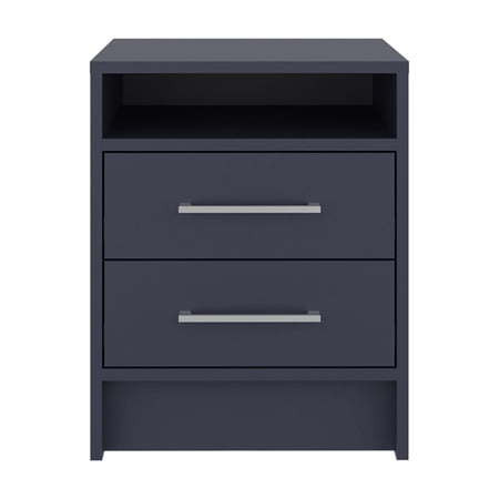 Nightstand for Bedroom Modern Particle Board End Table with 2 Drawers and 1 Open Storage Shelf 19.9 High Minimalist Bedside Table with Metal Hardware Blue and Light Oak Finish