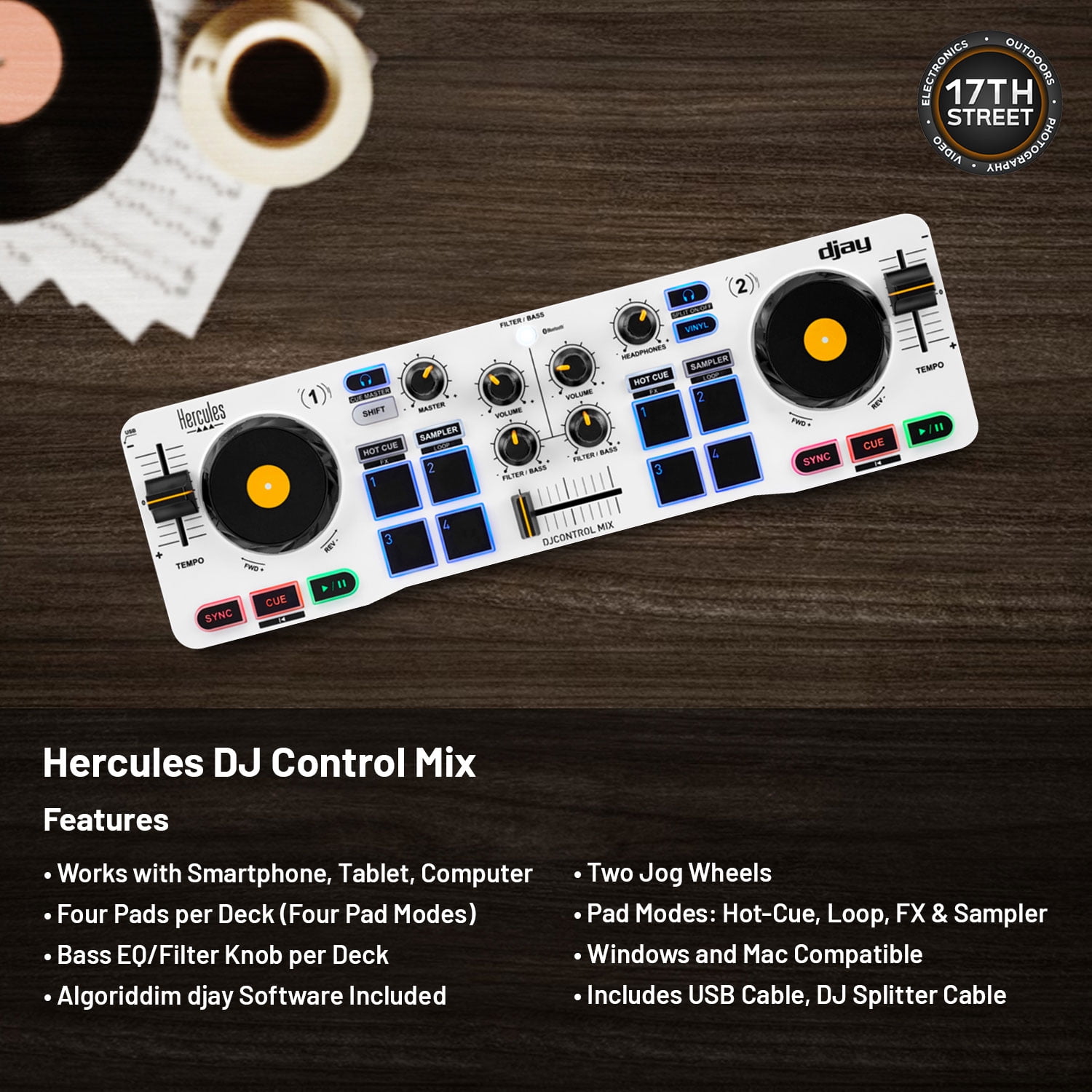 Hercules DJ Control Mix - Blue Wireless Bluetooth DJ Controller with Over Ear Headphones (Black), Waith Control Mix Case and Waith Cleaning Cloth - Algoriddim djay Software Included (Bundle Set)