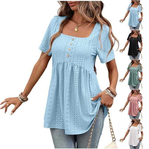 Kinrui Eyelet Tunic Tops for Women Flowy Short Sleeve Babydoll Blouses Square Neck Button Hide Belly T-Shirts Pink M