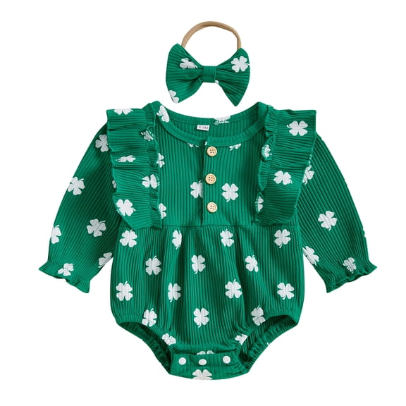 Okbabeha Newborn Baby Girl St Patricks Day Outfit Ruffled Irish Clover Long Sleeve Bubble Romper Smocked Bodysuit Jumpsuit Spring Holiday Clothes Headband