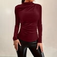 thumbnail image 2 of Kinrui Women's Ruched Long Sleeve Velvet Shirts Turtleneck Slim Fitted T Shirts Basic Underlayer Going Out Tops Wine,XXL, 2 of 8