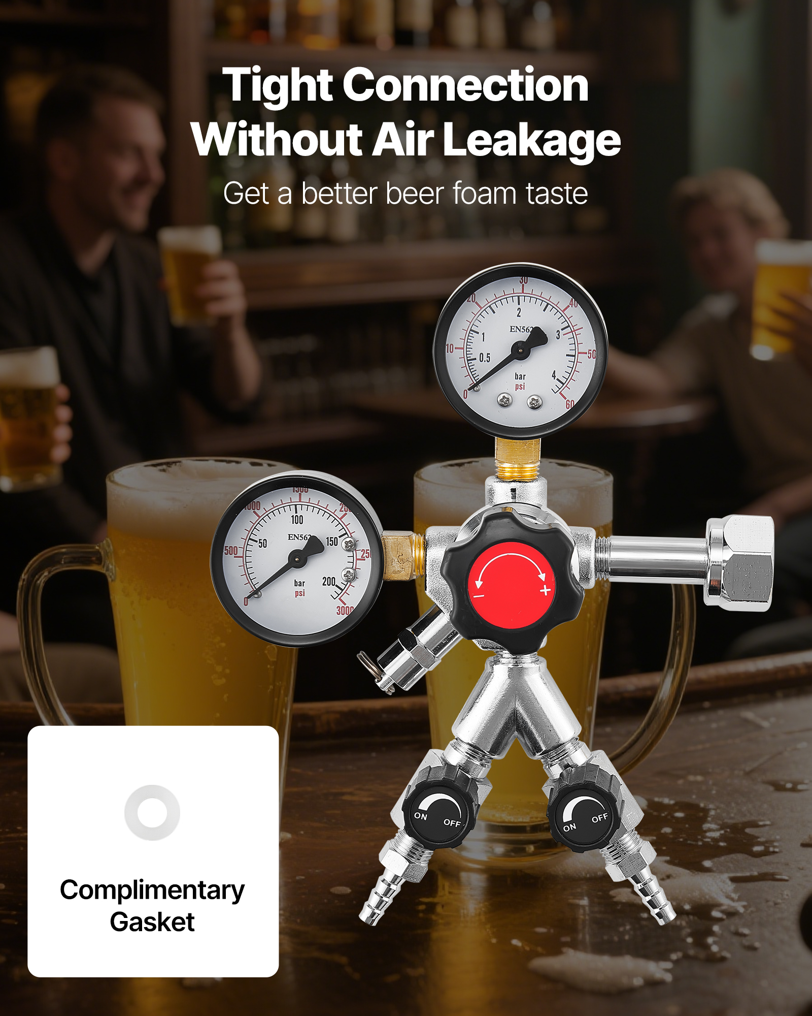 VEVOR CO2 Regulator, Dual-Gauge Dual-Valve Beer Keg Regulator, 0–60 PSI Adjustable Pressure, Heavy-Duty CO2 Tank Gas Regulator with 2 Check Valves, for Draft Beer Homebrewing, Fits CGA320 Interface