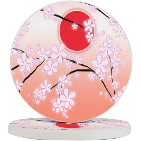 

Set of 2 Round Coasters Asian-Pink-Blossom-Japan for Drinks 4 Inch Ceramic Cups Place Mats Home Decor