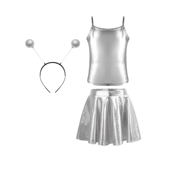 iiniim Alien Costume for Girls Metallic Dress Alien Holographic Cami Top with Pleated Skirts and Hair Hop Silver 10
