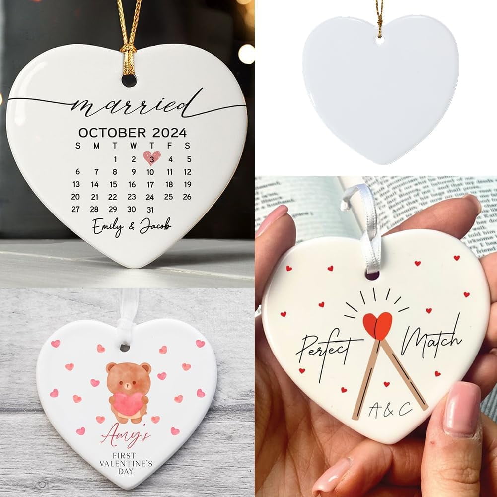 12Pcs Heart Sublimation Ornaments Ceramic Sublimation Blanks with Cords Porcelain White Heat Transfer Blank Personalized Hanging Pendants Tags for Christmas Tree Wedding DIY Craft Decoration White