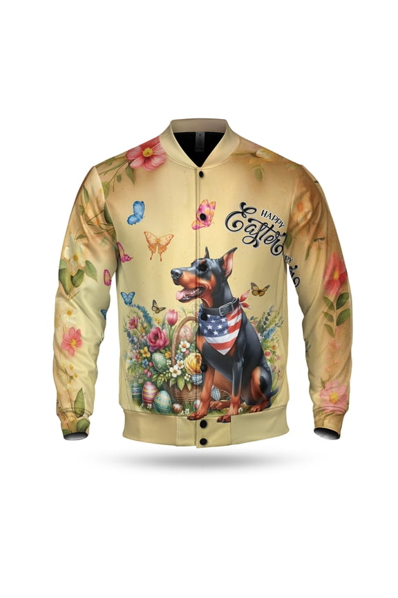 Doberman Pinscher Celebrates Spring and Enjoys a Happy Easter All Over Print 3D Baseball Jacket Doberman Dog Lover Gifts Bomber Jacket Softball - 02001