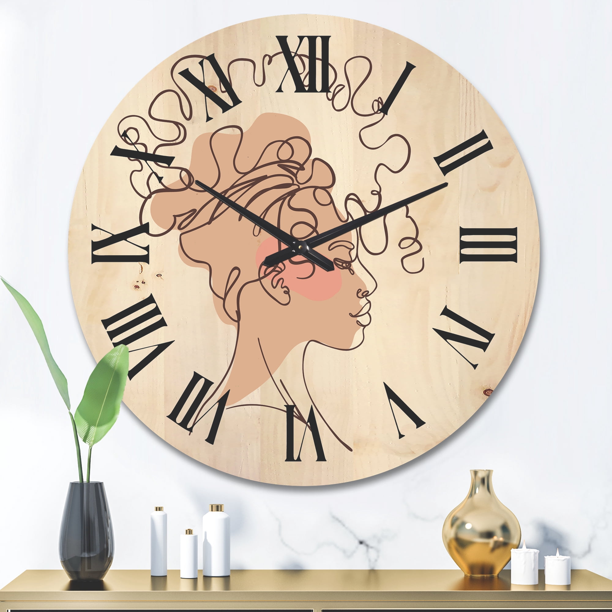 Designart 'One Line Portrait of Afro American Woman I' Modern Wood Wall Clock