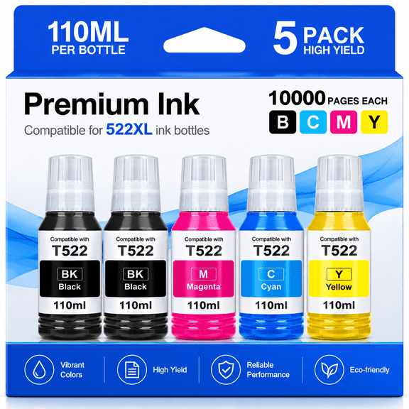 522 Ink Refill Bottles Compatible for epson 522 Ink Bottles for epson ecotank et-2803 et-2800 Printers(5 Pack)