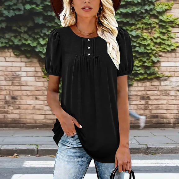 Sevevn Women's Fashion Loose Casual Round Neck Short Sleeve Puff Sleeve Front T-Shirt Oversized Top Black L