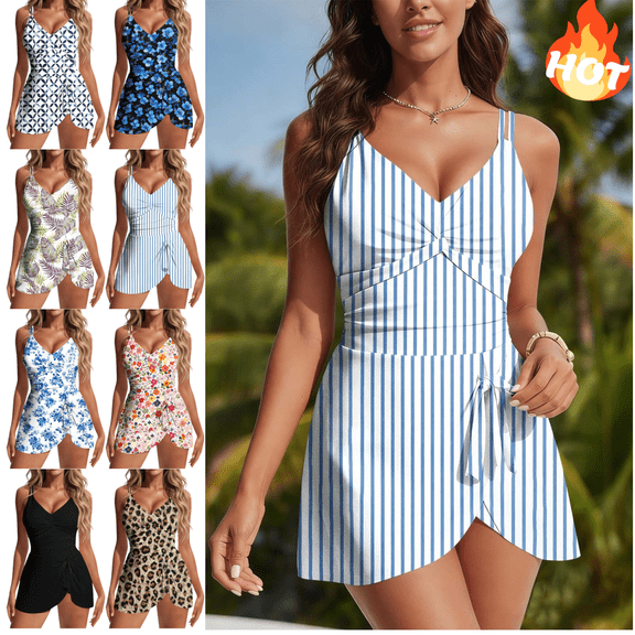 Mifsaly Swimdress for Women Tummy Control One Piece Swimsuit Geometric Floral Print Wrap Front Ruffle Skirted Swimwear Vacation Flattering Beachwear XXL