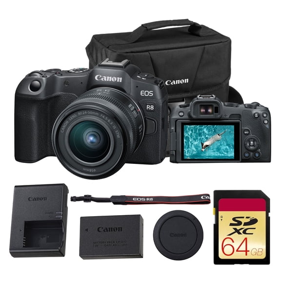 Canon EOS R8 Mirrorless Camera – 24.2MP Full-Frame RF Camera with 4K 60p Video, Dual Pixel AF II & Lightweight Design (with 24–50mm Kit) (5803C012)   64GB Memory Card   Canon Shoulder Bag