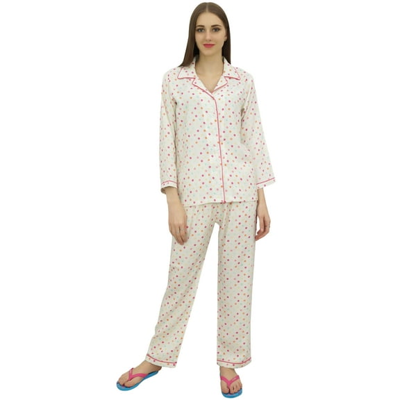 Bimba Printed Off-White Button-Down Shirt With Elastic Waist Pajama Pants-4