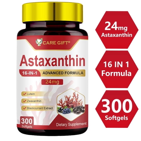 Astaxanthin Supplements 24mg 300 Softgels | 16 in 1 Astaxanthin Antioxidant Supplement w/ Lutein Zeaxanthin Blackcurrant Extract Supports Eye Skin Joint Brain Heart Immune Support