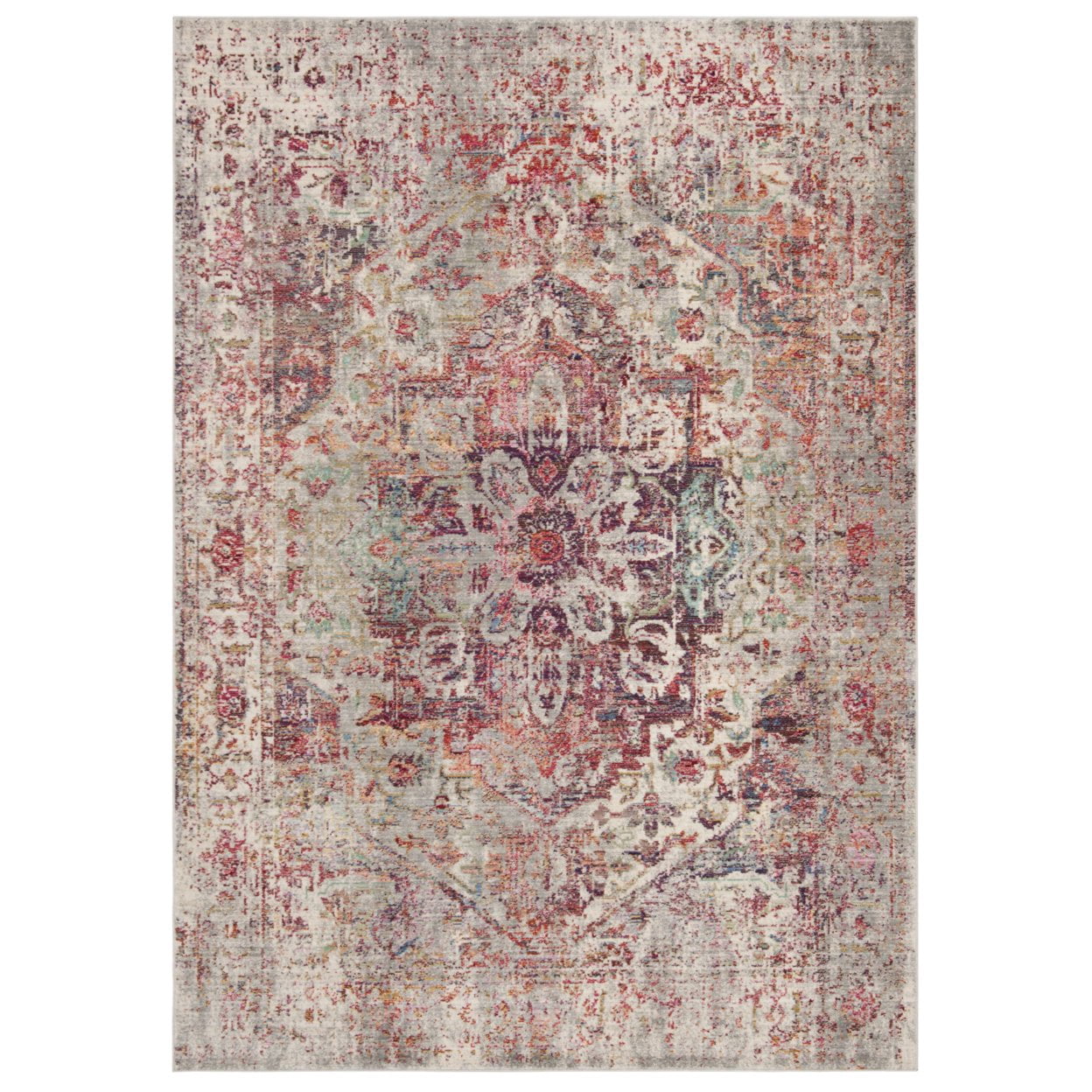 SAFAVIEH Valencia Autumn Distressed Oriental Polyester Area Rug, Grey/Red, 8' x 10'