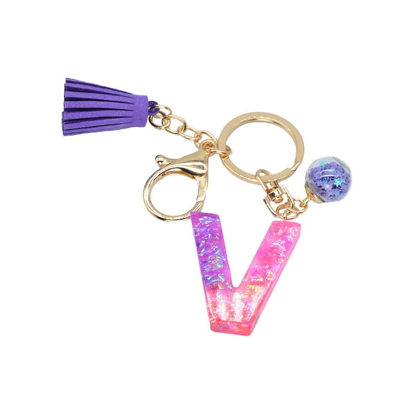 Catégorie de Produit - Pendentif Suspendu 2 Porte-Clés Lettre Scintillante en Résine avec Surpiqûres Colorées Style Fluide Colle Violette Porte-Clés Caractère Anglais