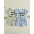 thumbnail image 3 of BemeyourBBs Toddler Baby Boys Summer Clothes Waffle Knit 2 Piece Outfits Excavator Truck Vehicles Embroidery Short Sleeve T Shirt Tops and Pockets Shorts Set, 3 of 9