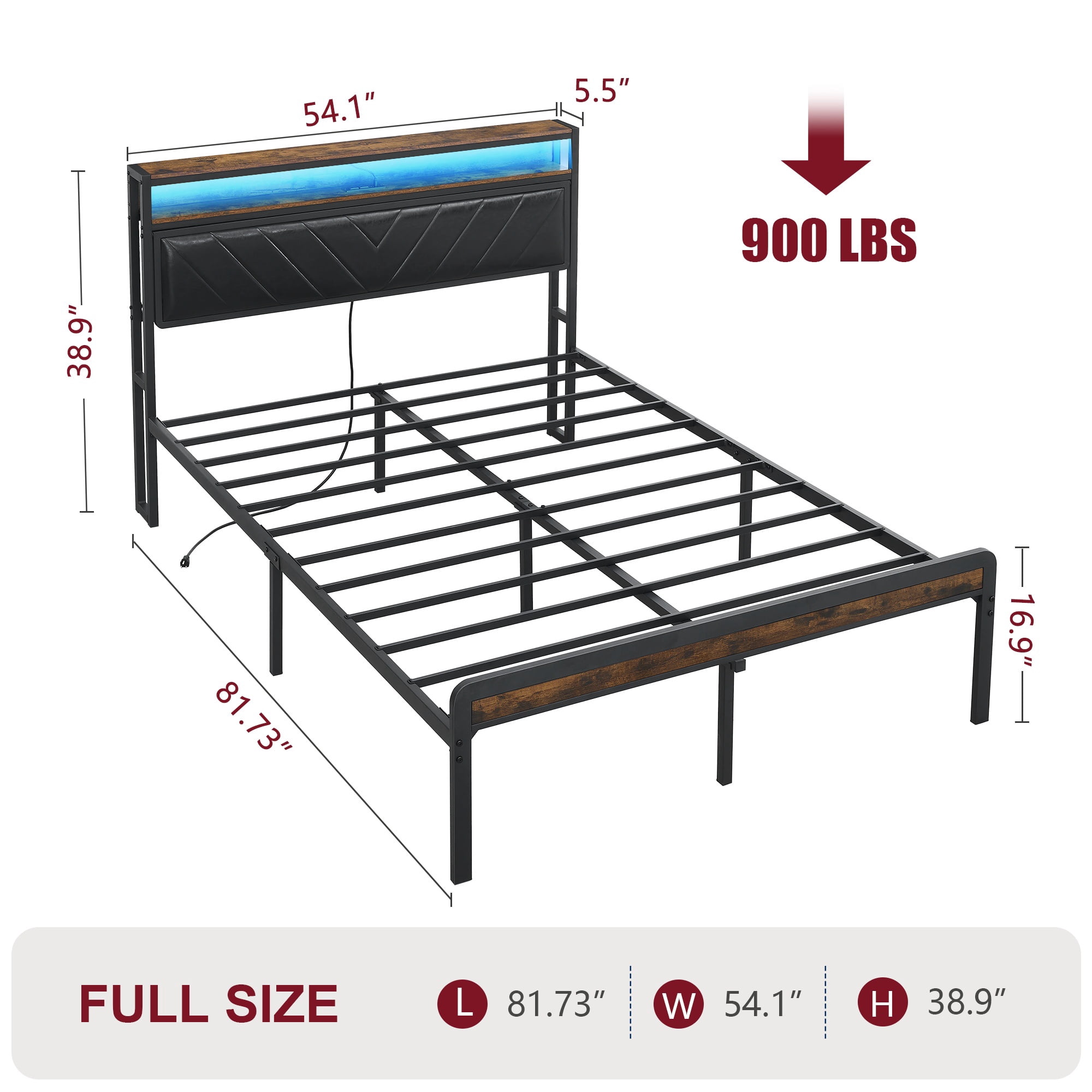 PAPROOS Full Size LED Bed Frame with Charging Station, PU Leather Upholstered Bed, Metal Platform Bed with Soft Cushioned Headboard for Adults Teens, Brown