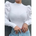 thumbnail image 2 of Diconna Women Puff Sleeve Tops Pullover Blouse Jumper Ribbed Shirt White S, 2 of 6