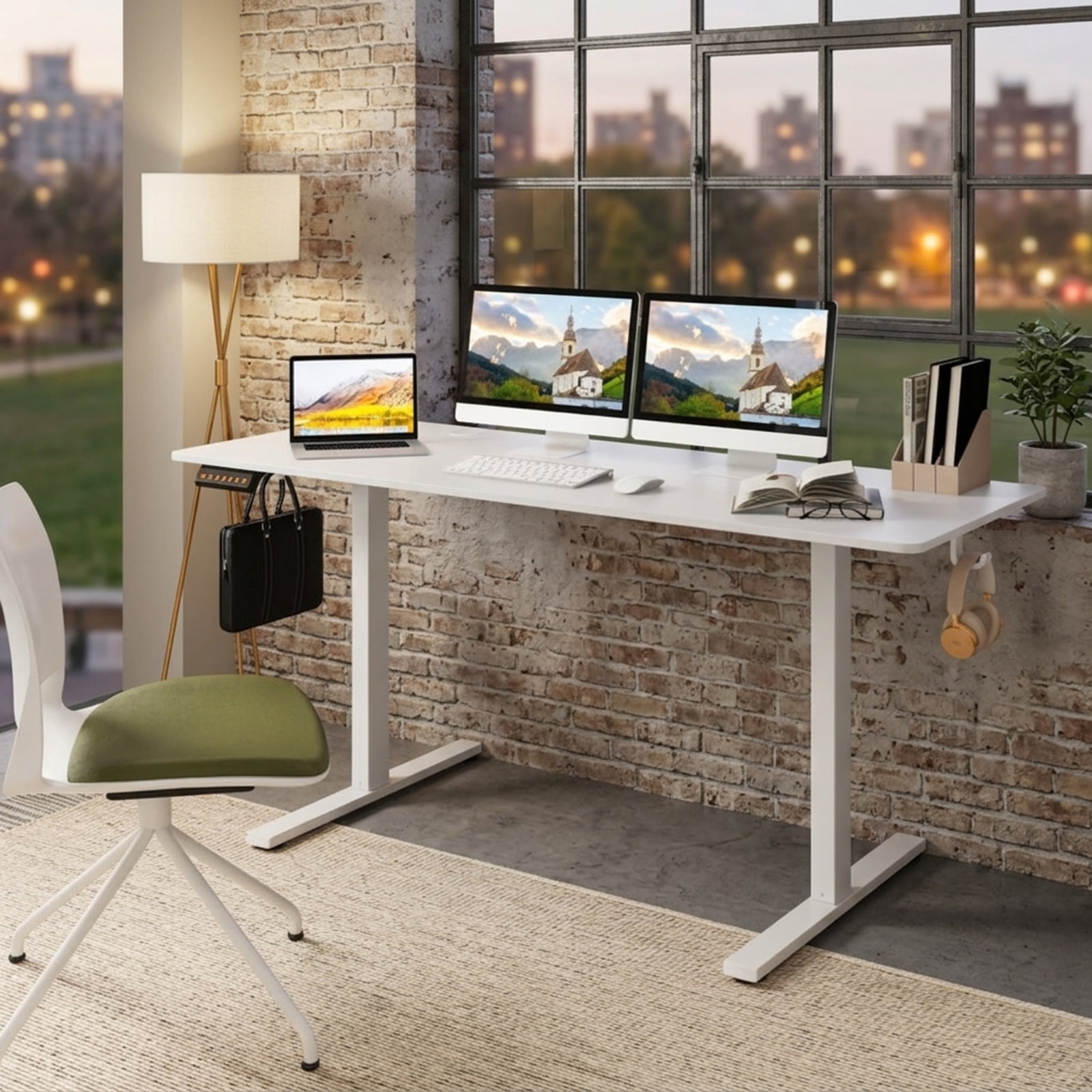 Furnibear Electric Standing Desk with 3 Memory Heights Adjustable Height Sit Stand Home Office Desk with Hooks and Cable Holes, White
