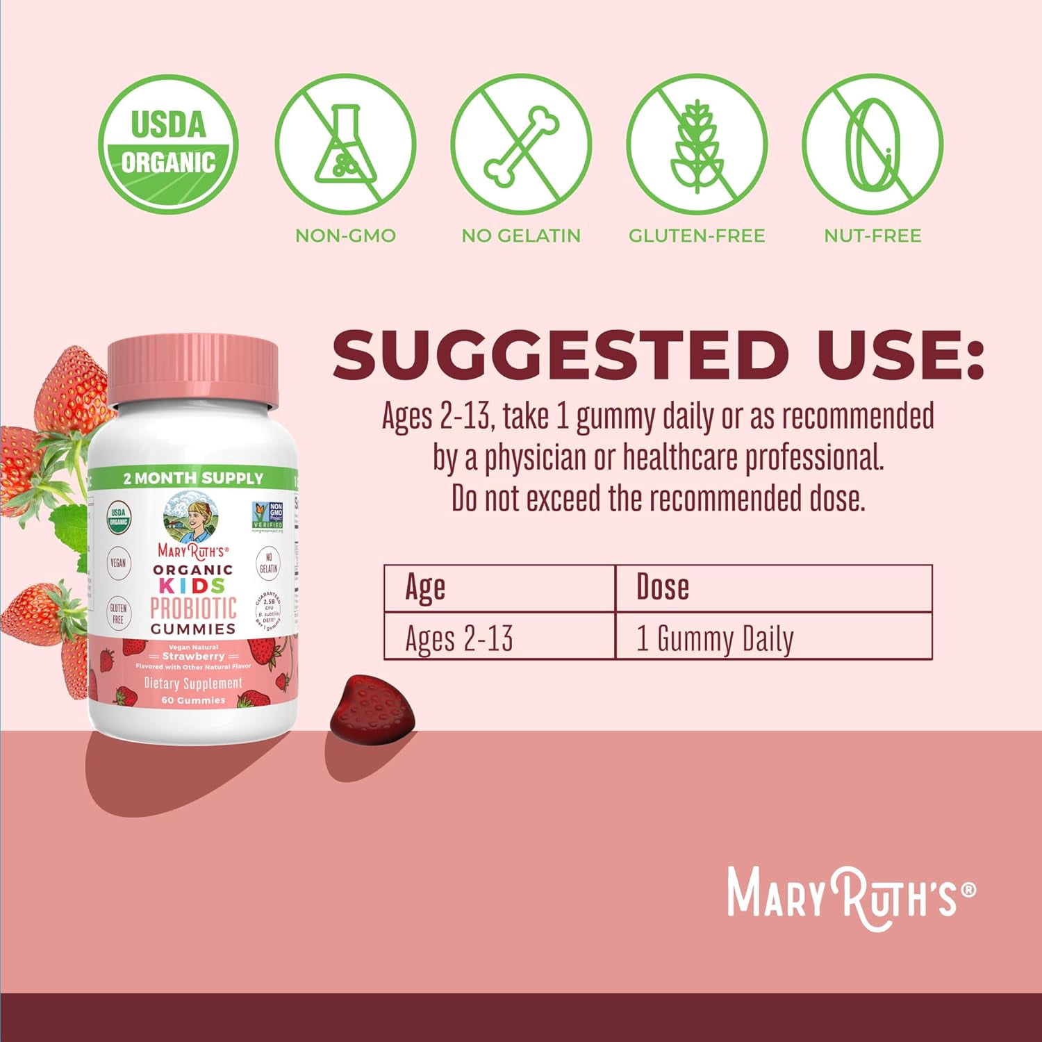 MaryRuth's Kids Probiotic Gummies USDA Organic Strawberry Flavor Vegan Dairy-Free Gluten-Free 60 Count