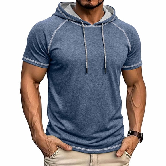 Abcnature T-Shirt à Capuche à Manches Courtes pour Homme, Décontracté, Uni, Chandail à Enfiler avec Cordon de Serrage pour l'Été, Mise en Forme, Exercice