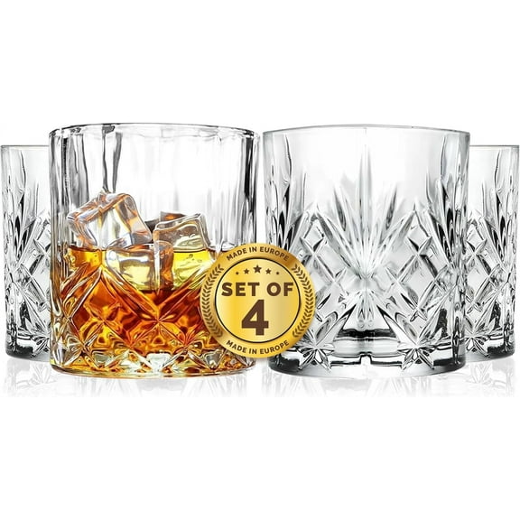 Barski Whiskey Glasses- Double Old Fashioned Rocks Glass - Set of 4 Lowball Tumbler - DOF Crystal Glass Tumblers - For Scotch - Bourbon - Water - Beverage - Drinking Glasses - 10.5 oz, Made in Europe