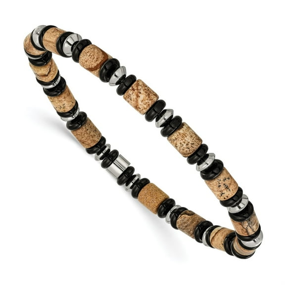 Auriga Stainless Steel Men's 6.60mm Black Onyx and Picture Jasper Beaded 8" Stretch Bracelet