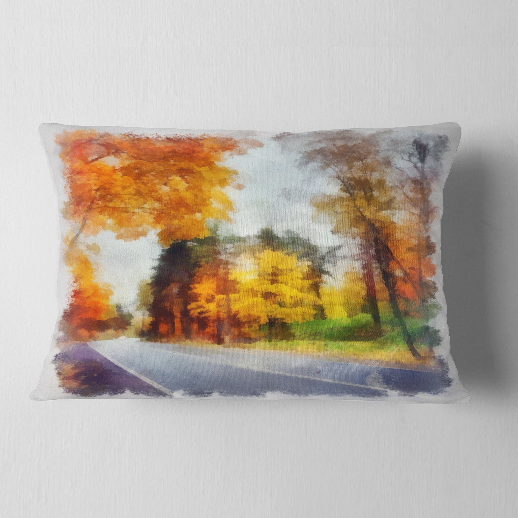 Designart Road and Forest Sketch Watercolor - Landscape Printed Throw Pillow - 12x20