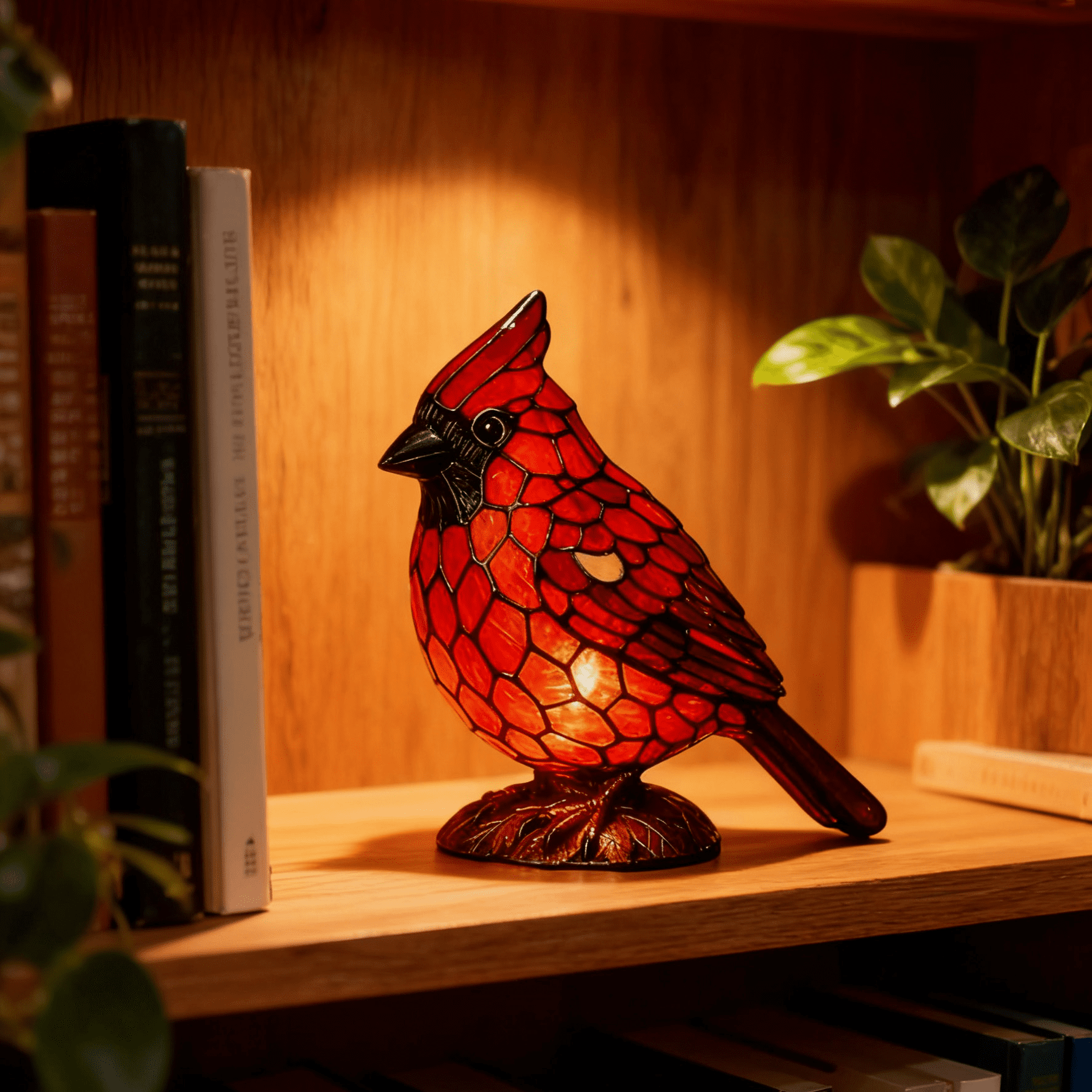 Handmade Stained Glass Red Bird Night Light, Creative Animal Desk Lamp for Bedroom, Study, Nursery Decor