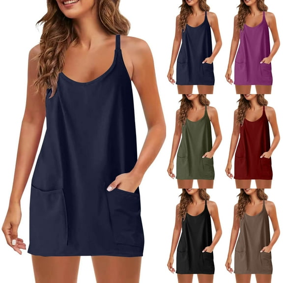 Summer Beach Dresses for Womens 2025 Plus Size Fashion V-Neck Sleeveless Solid Pockets Pullover Dress