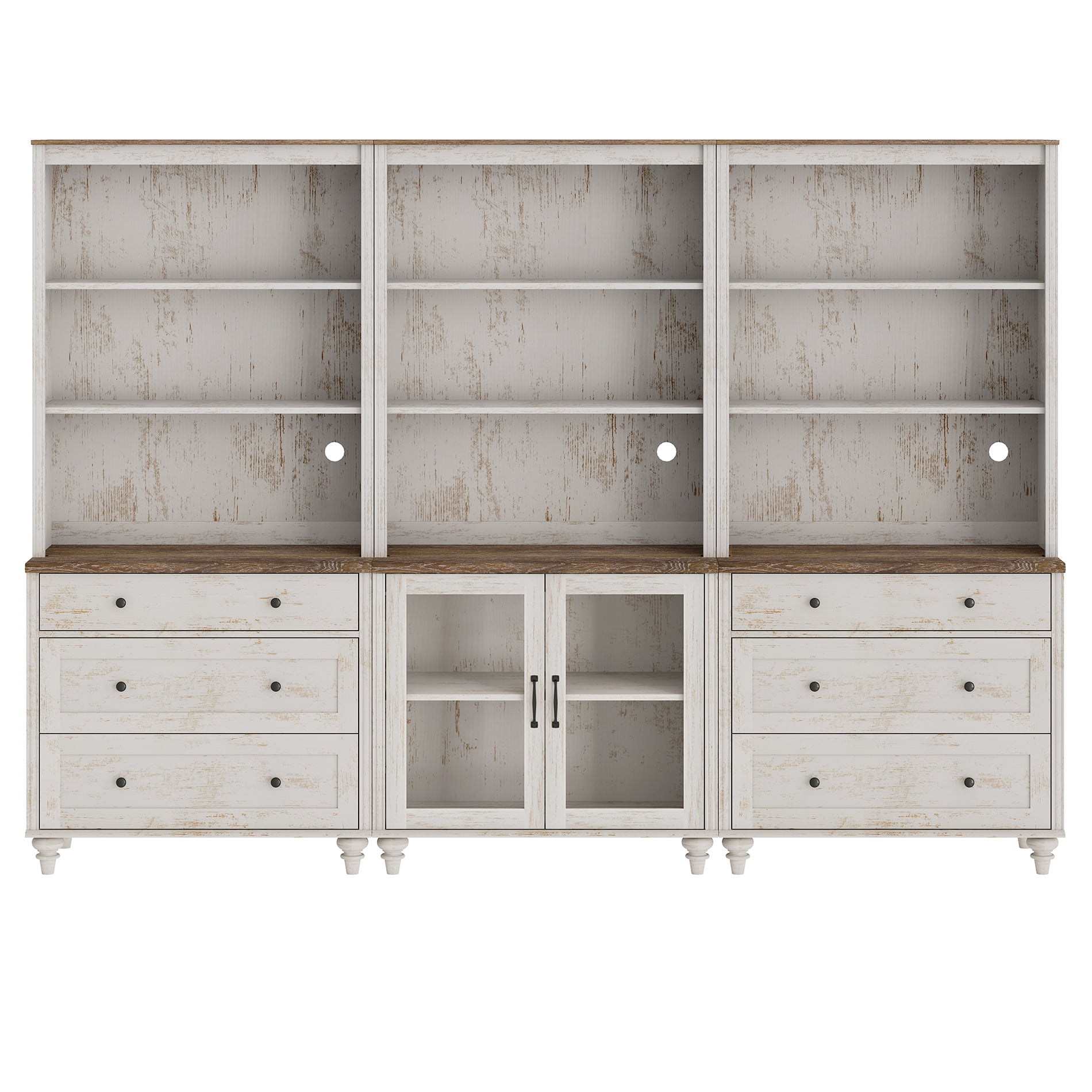 Farmhouse 5 Tier Bookcase With 2 Glass Doors and 6 Drawers, Rustic White, 101.6" W