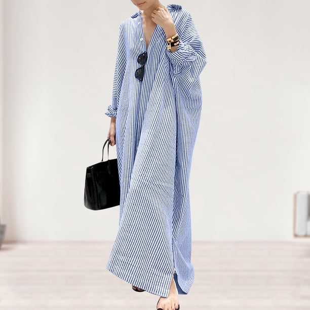 Camisa holgada a rayas Vestido maxi Cárdigan informal con botones Vestido de viaje diario (XL) Azul Hugtrwg Para estrenar