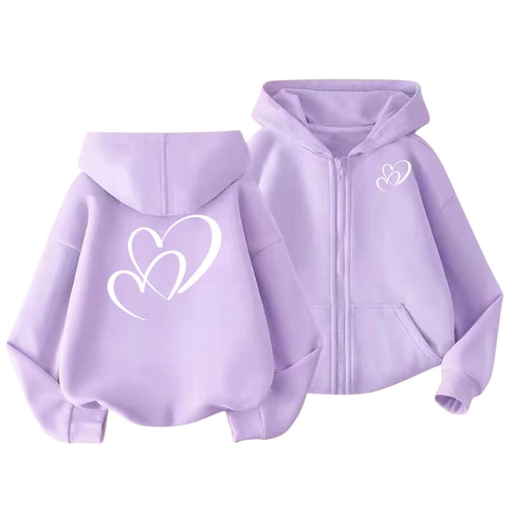 Girls Full-zip Jackets Hearts Printed Valentines Day Outfits Loose Hoodie Sweatshirt Outerwear Coats 3-13 Years (12Y, Purple 03)