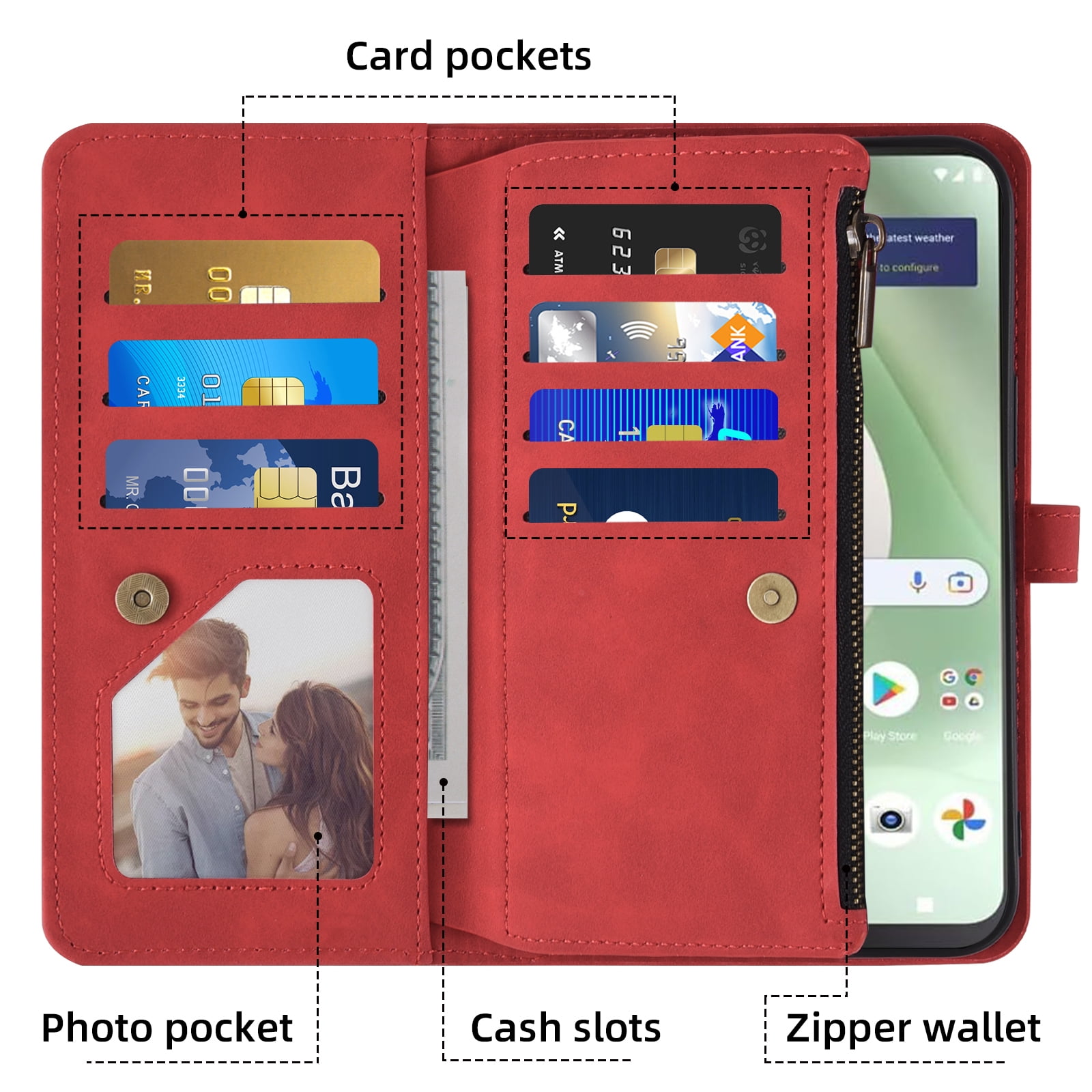 Asuwish Phone Case for Tracfone BLU View 5 B160V Wallet Cover With Tempered Glass Screen Protector Crossbody Wrist Strap Flip Pattern Zipper Credit Card Holder Cell Trac Fone BLUE View5 160V 2024 Red