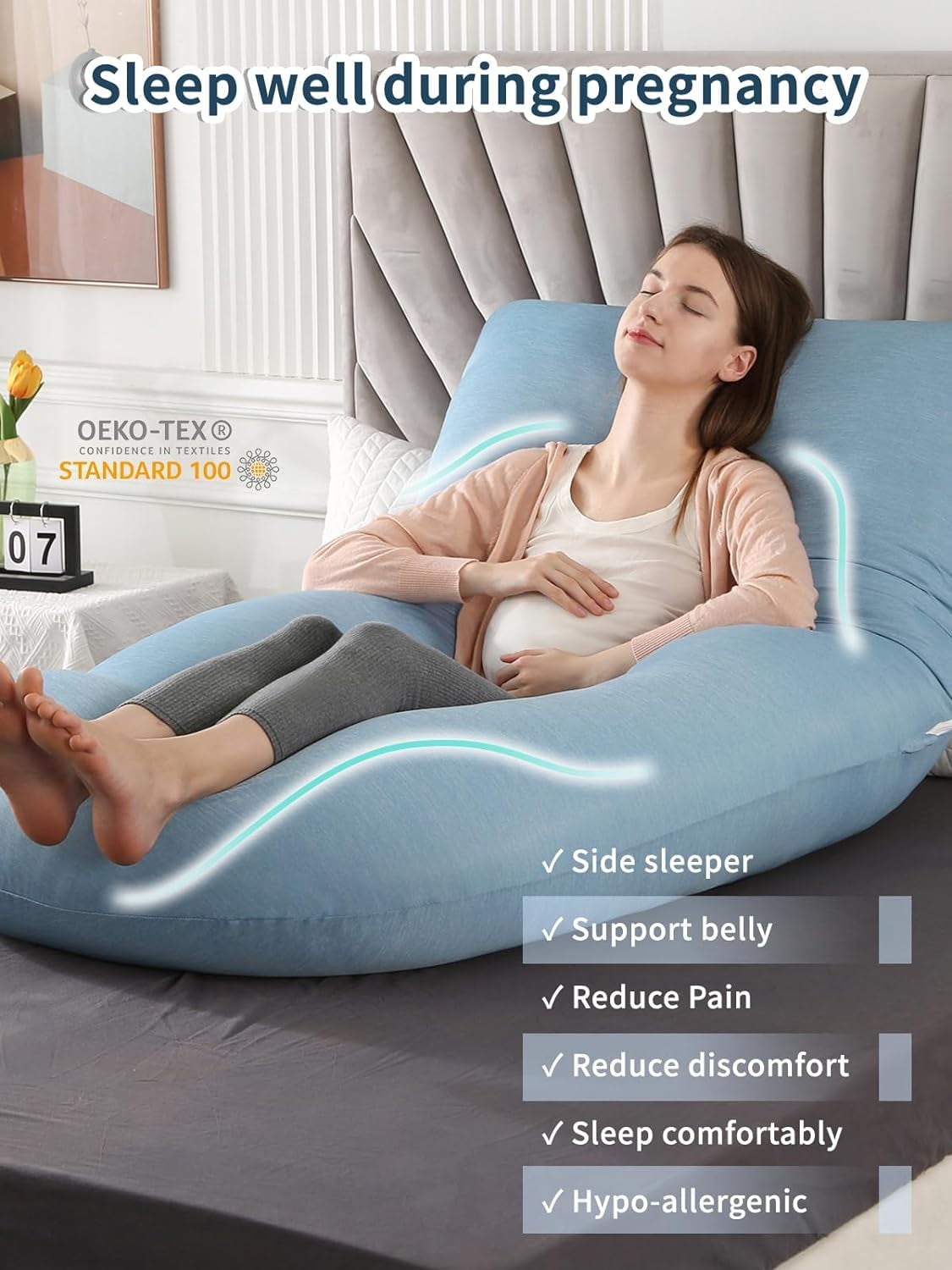 Pregnancy Pillow with Cooling Cover, Side J Type Full-Body Pillow for Back, Legs and Belly Support, Comfortable Slumber for Pregnant Women(Blue)