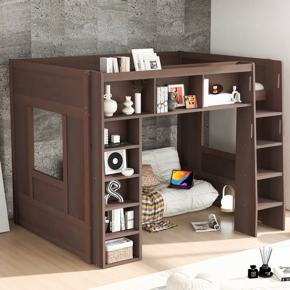 Harper & Bright Designs Queen Hight Loft Bed with Storage Shelves & Cabinet, Solid Wood Loft Bed Frame with Bookcase and Under-Bed Space for Dorm Apartment, Brown