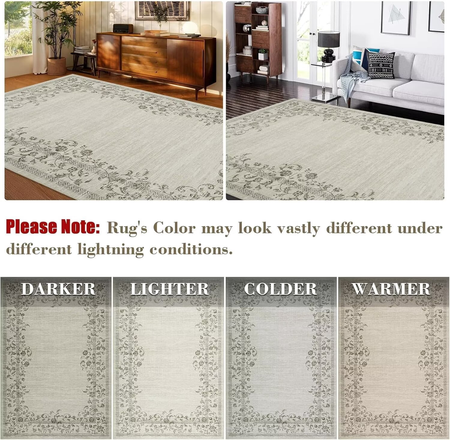 GlowSol 9'x12' Modern Floral Area Rug Border Rugs for Living Room Bedroom Farmhouse Non Slip Low Pile Area Rug for Dining Room Home Office, Beige