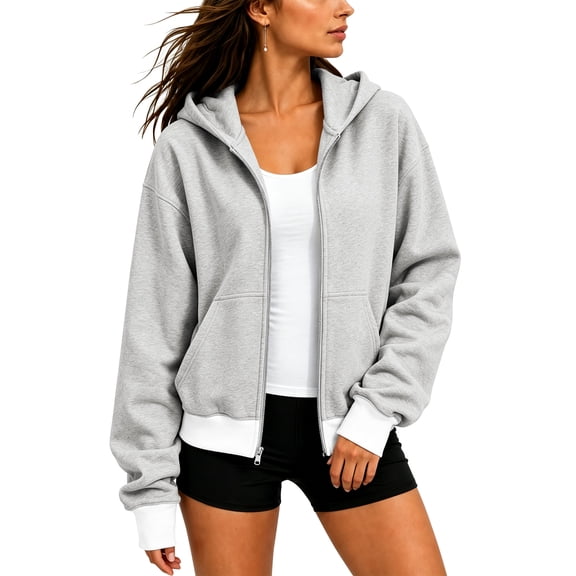 TEMOFON Women's Color Block Cropped Zip Up Hoodie Oversized Long Sleeve Full Zip Hooded Sweatshirt Jacket with Kangaroo Pocket