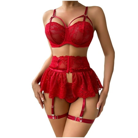 POTETI Women Sexy Lingerie Lace Babydoll Wine Sleepwear See-Through Strappy Bras and Panties
