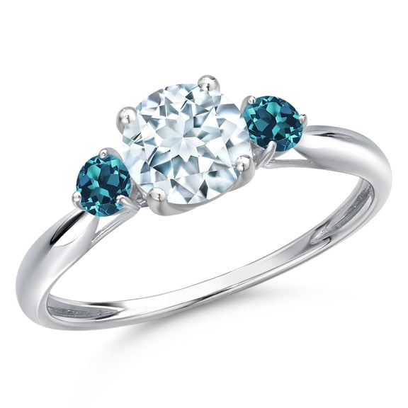 Gem Stone King 10K White Gold Sky Blue Aquamarine and London Blue Topaz 3-Stone Ring for Women | 1.01 Cttw | Round 6MM | Gemstone March Birthstone | Size 7