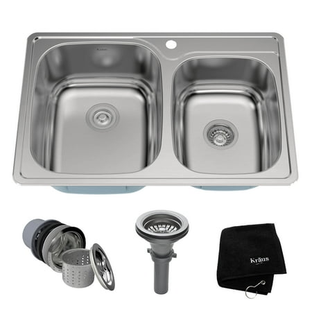 Kraus 33 Inch Topmount 60 40 Double Bowl 18 Gauge Stainless Steel Kitchen Sink With Noisedefend Soundproofing