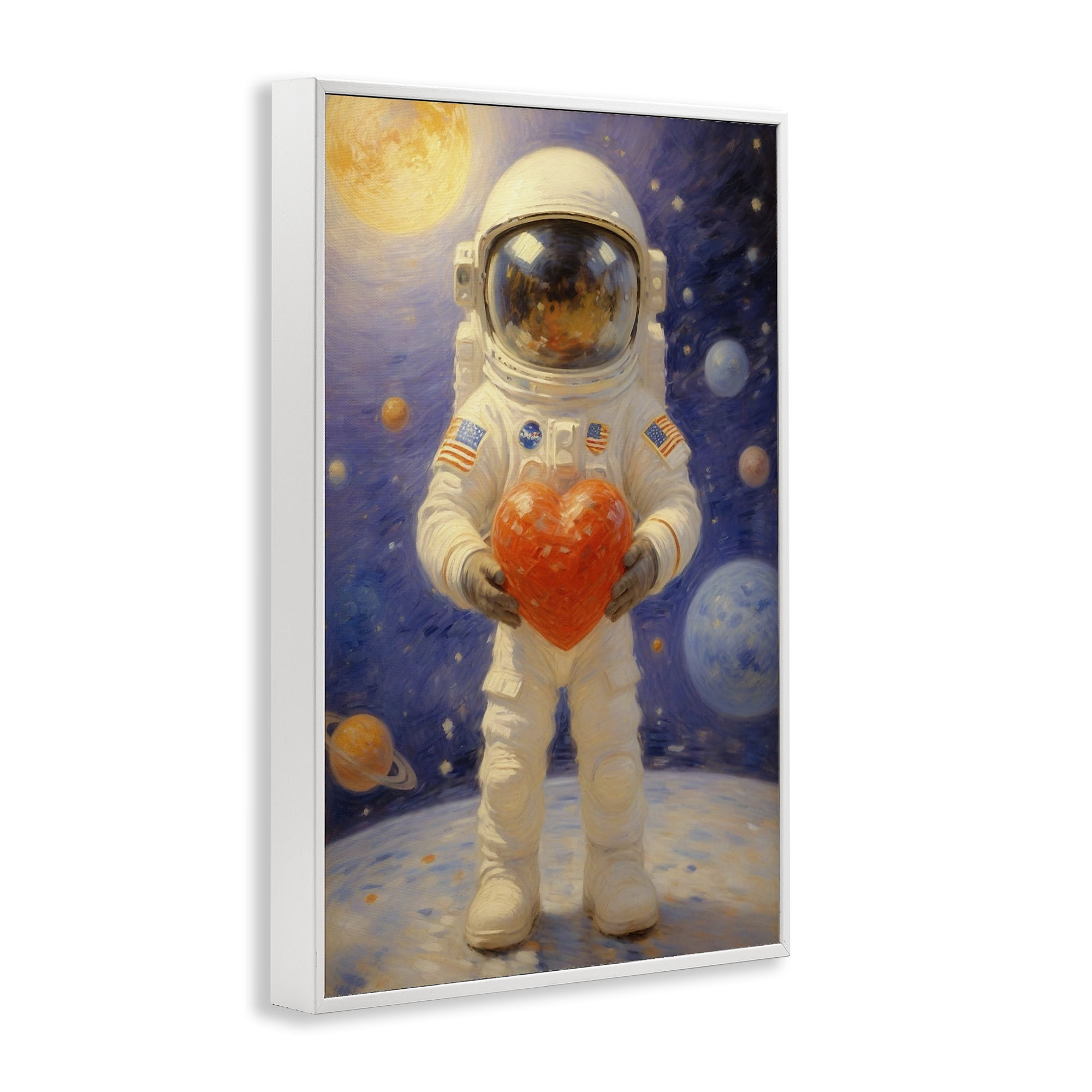 Astronaut Holding Heart White Framed Giclee Art, design by Angie Hawke