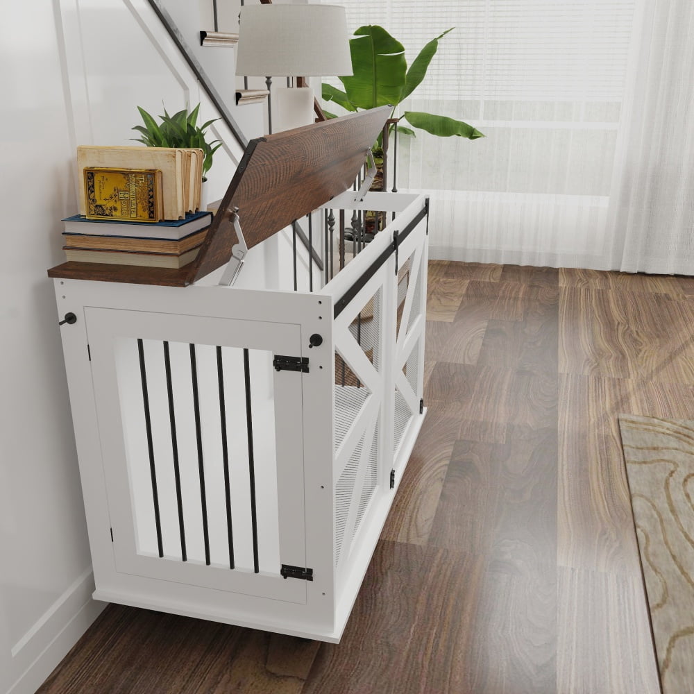 47.2" Double Dog Crate Furniture Mobile Pet Kennel Flip-Top Feeding Door 5 Casters with 2 Locking Wheels Side Hooks