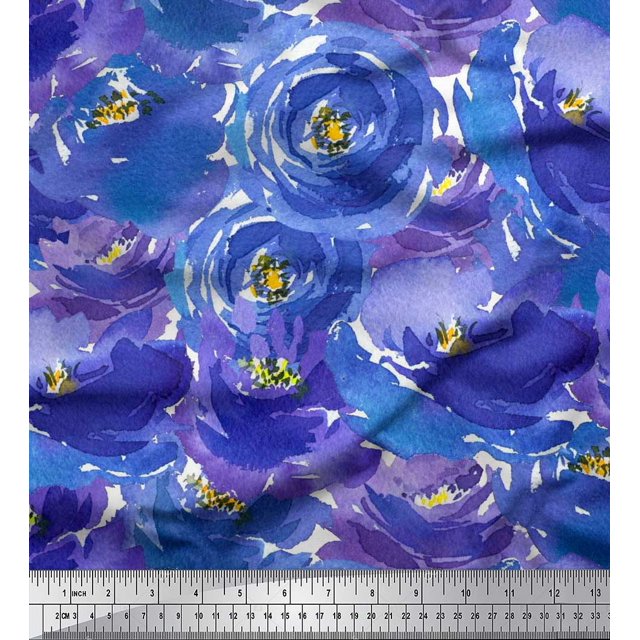 Soimoi Blue polyester Crepe Fabric Flower Watercolor Printed Fabric 1 Yard 52 Inch Wide