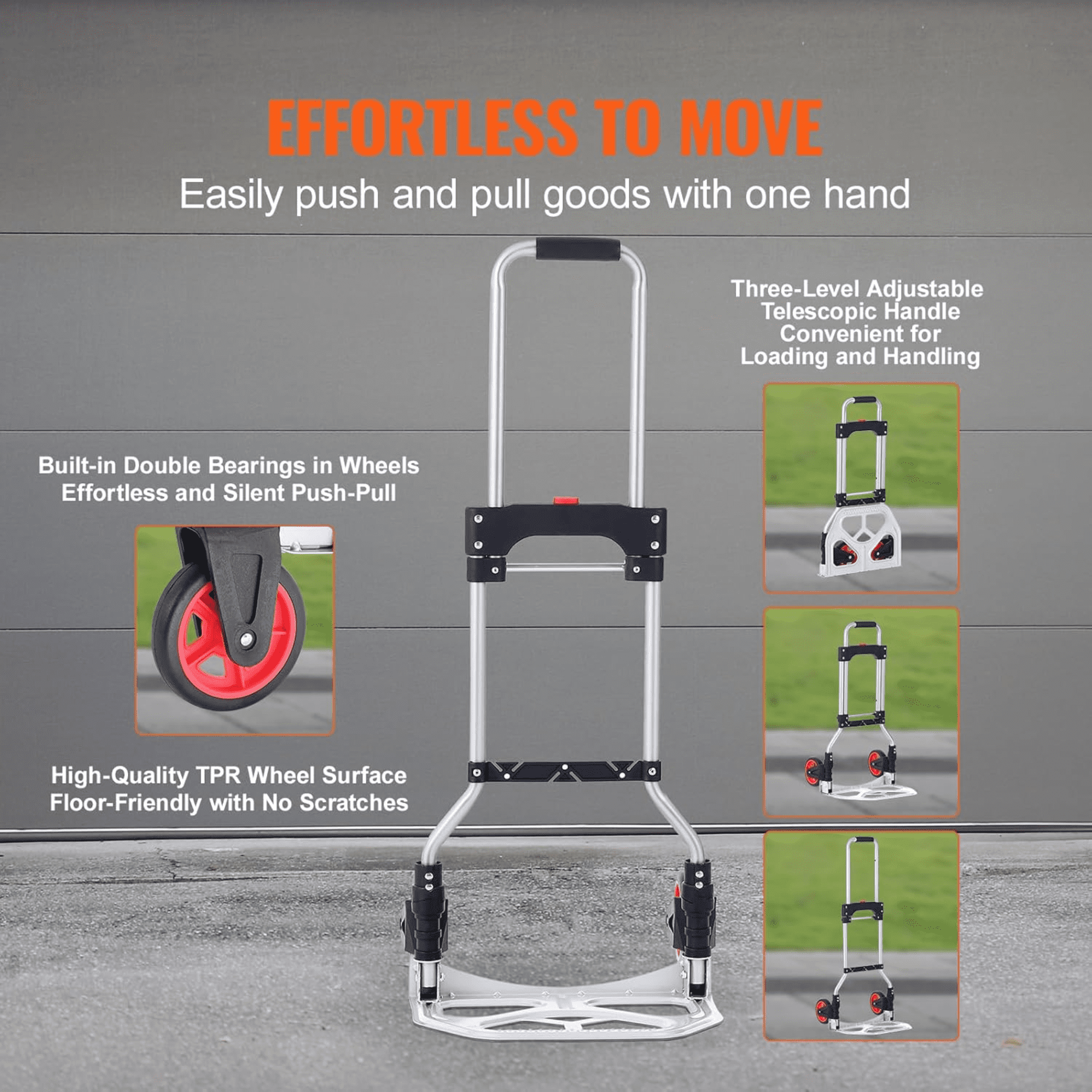 Folding Hand Truck and Dolly, Heavy-Duty Aluminum Foldable Cart with Telescoping Handle and PP+TPR Wheels, 176 lbs Capacity for Home, Office, Shopping, and Travel